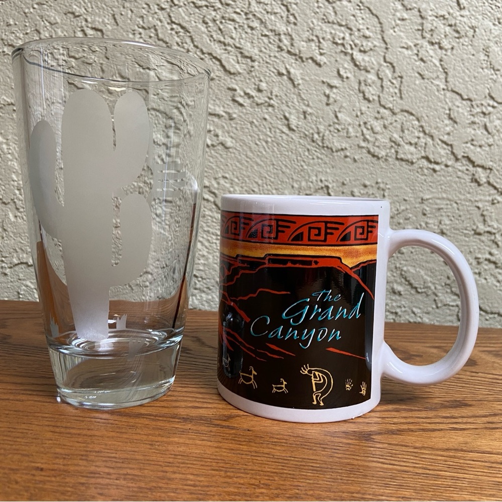 Grand Canyon Souvenir Mug + Etched Pint Glass with Zia Sun and Saguaro Cactus